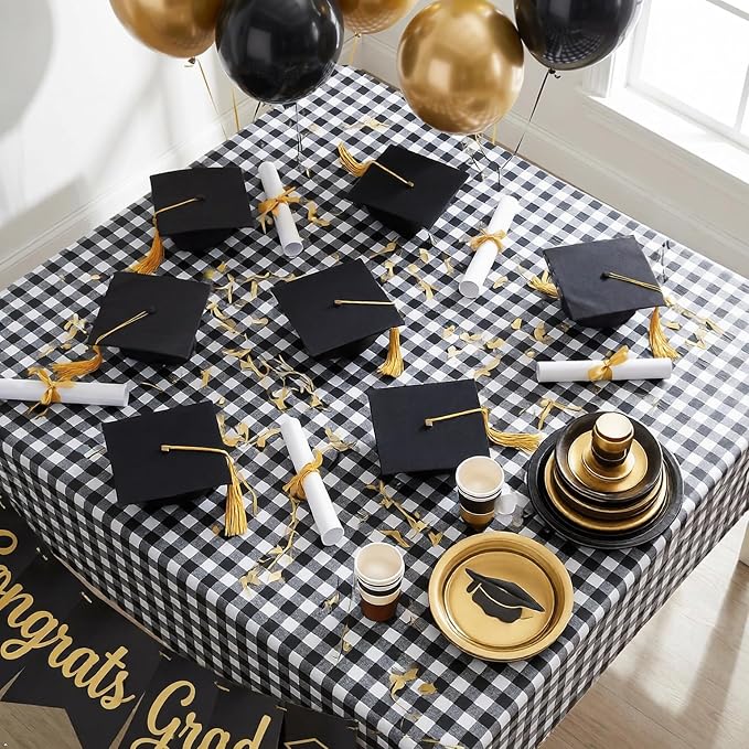 sancua Checkered Vinyl Square Tablecloth Table Cloth, 54x54 Inch | 100% Waterproof Oil Proof Spill Proof PVC Table Cloth, Wipe Clean Cover for Dining Tables, Buffet Parties, Black and White