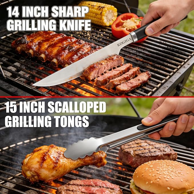 Heavy Duty BBQ Tools Grill Tools Set - Stainless Steel BBQ Grilling Tools Set with Serrated Spatula, Tongs, Knife, Spatula - Outdoor Barbecue Accessories Kit, Grilling Gifts for Men Dad