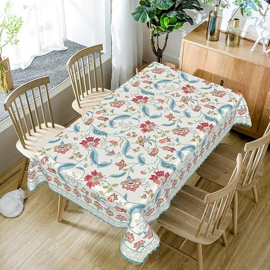 Flower Tablecloth Waterproof Polyester Spring Summer Table Cloth for Kitchen Dinning Table Decor Vintage Boho Washable Seasonal Tables Cover for Indoor Outdoor Restaurant Home 60x84 Inch