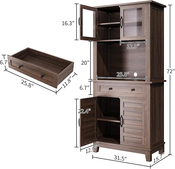 Garvee 72" Tall Kitchen Pantry Cabinet with Hutch and Microwave Stand | Freestanding Food Pantry Hutch with Adjustable Shelves, Glass Doors And Drawers for Dining Room, Living Room, Brown