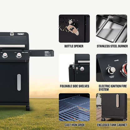 Monument Grills 2-Burner Stainless Steel Liquid Propane Gas Grill, Two Foldable Shelves Patio Garden Barbecue Grill with Clearview® Lid, Knob Control Mesa220, Black