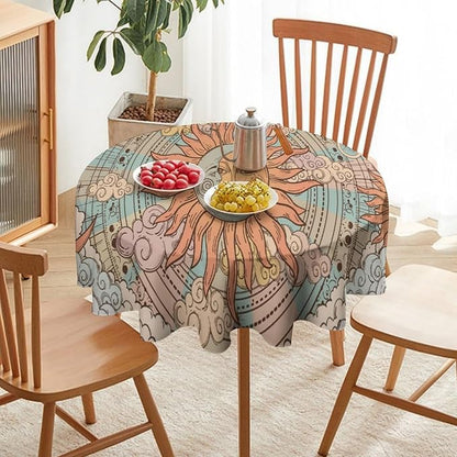 Retro Sun Moon Round Tablecloth Vintage Mystical Astrology Tarot Zodiac Galaxy Space Table Cloth Water Resistant Wipeable Table Cover for Farmhouse Picnic Party Holiday Kitchen Dinner Table 60"