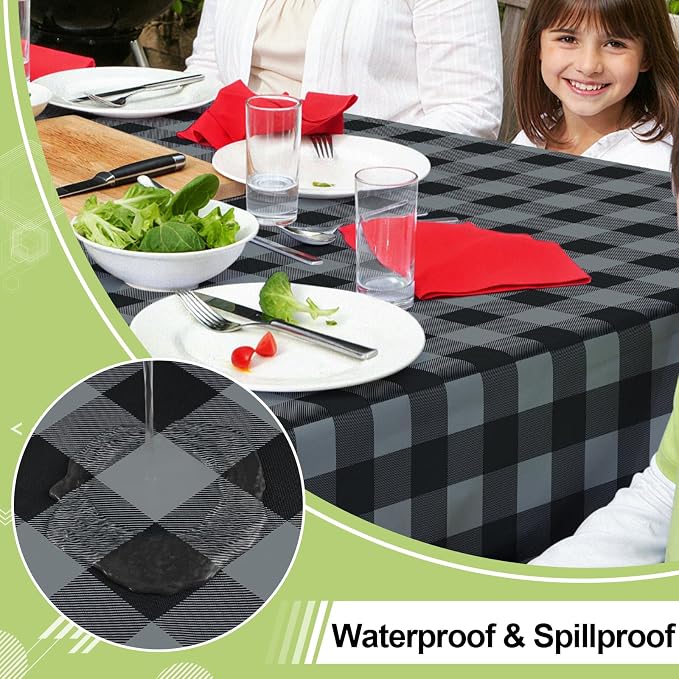 Smiry Picnic Table Cloth, Vinyl Tablecloths with Flannel Backing, 60"x102" | Waterproof Rectangle Table Cloth, Wipeable Buffalo Plaid Table Cover for Indoor and Outdoor (Black & Grey)