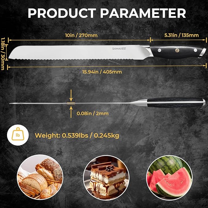 DiiHAUZZ Bread Knife, 10 Inch Serrated Knife for Slicing Homemade Bread, Razor Sharp High Carbon Steel, Professional Bakery Kitchen Knives with Full Tang Ergonomic Handle for Sourdough, Bagel, Cake