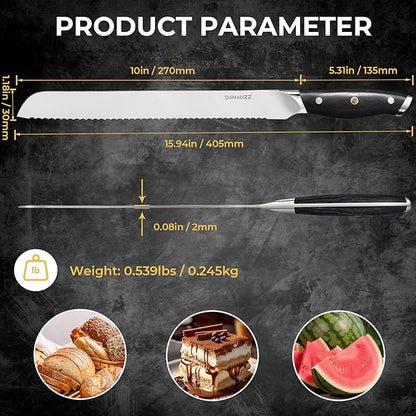 DiiHAUZZ Bread Knife, 10 Inch Serrated Knife for Slicing Homemade Bread, Razor Sharp High Carbon Steel, Professional Bakery Kitchen Knives with Full Tang Ergonomic Handle for Sourdough, Bagel, Cake