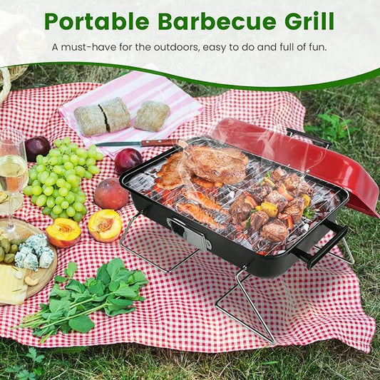 Portable BBQ Grill, Foldable Charcoal Grill Lightweight Smoker Grill for Outdoor Cooking Camping Hiking Picnics Tailgating Backpacking Party (Mini grill with lid(20x11x12"))