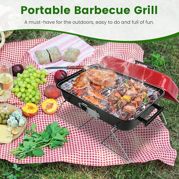 Small Charcoal Grill, Portable Tabletop Grill Barbecue Smoker Folding Mini BBQ Grill with Lid for Camping Picnics Beach Outdoor, Red