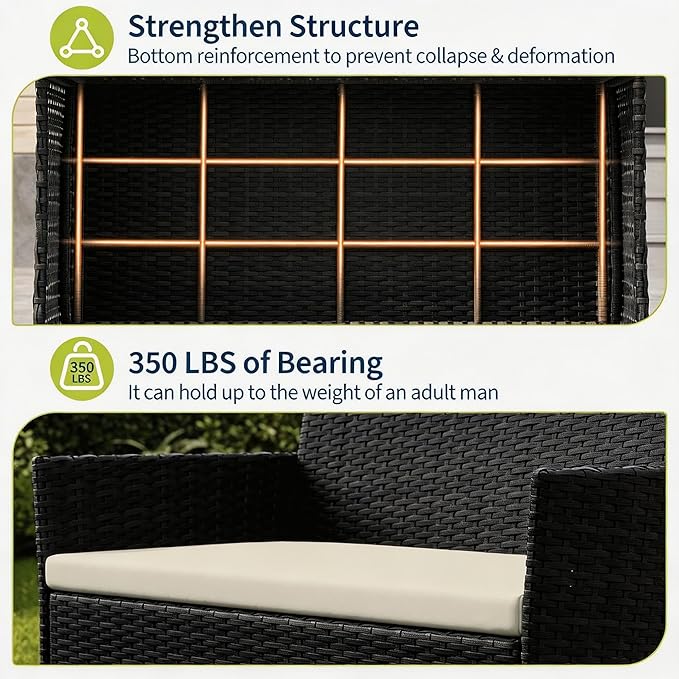 4-Piece Outdoor Furniture Set, PE Rattan Wicker Chairs with Soft Cushions & Tempered Glass Coffee Table - All-Weather Patio Set for Garden, Backyard, Porch, Poolside (Black/Beige)