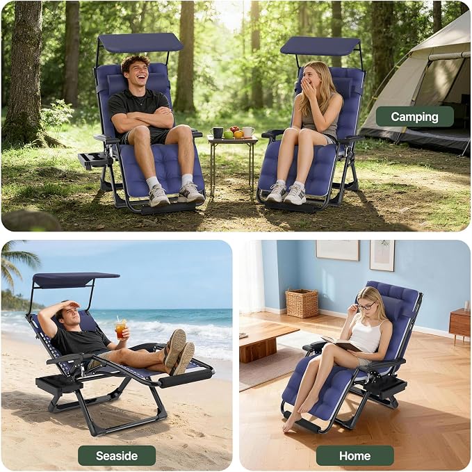 Suteck Zero Gravity Chair with Canopy, 29In XL Oversized Lounge Chairs | w/Removable Cushion&Headrest, Upgraded Lock and Footrest, Folding Reclining Patio Chairs Recliner for Indoor Outdoor