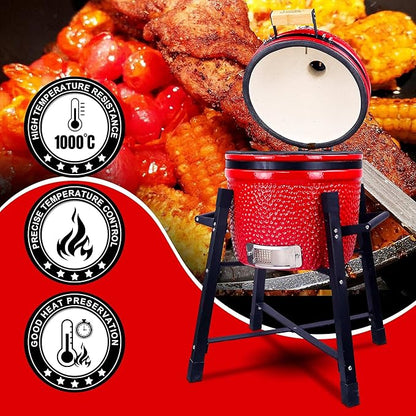 London Sunshine Ceramic Kamado Charcoal BBQ Grill and Smoker, Stainless Steel Grates -15" Ceramic with Tall Stand (RED)