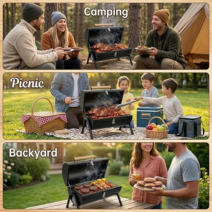 Portable Charcoal Grill for Camping & Outdoor BBQ, Compact Kettle Grill with Lid & Air Vents, Easy Carry Handle, Small Grill for Patio, Picnic, Tailgate (2–4 People)