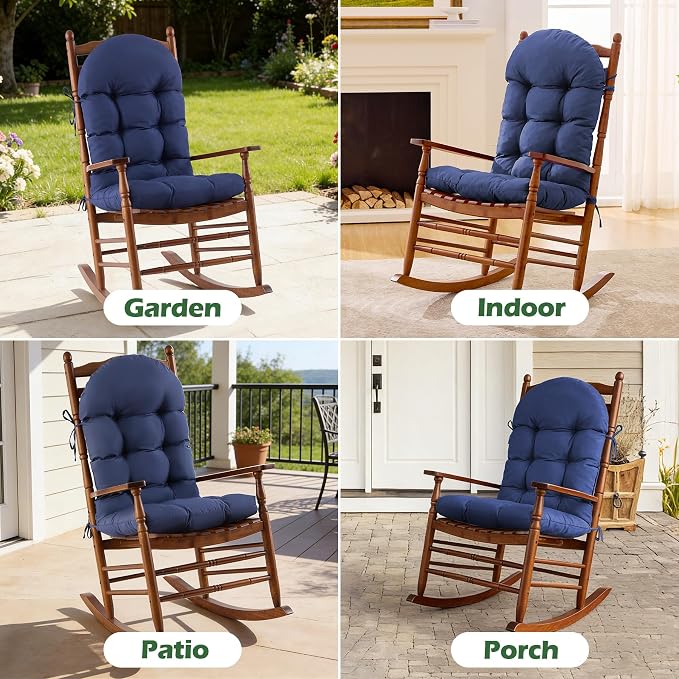 Rocking Chair Cushions, Indoor/Outdoor Adirondack Chair Cushion, Waterproof and Fade-Resistant Rocking Chairs Pads, Non-Slip Tufted High Back Patio Chairs Cushion with Ties, 44x19x4 Inch, Navy Blue