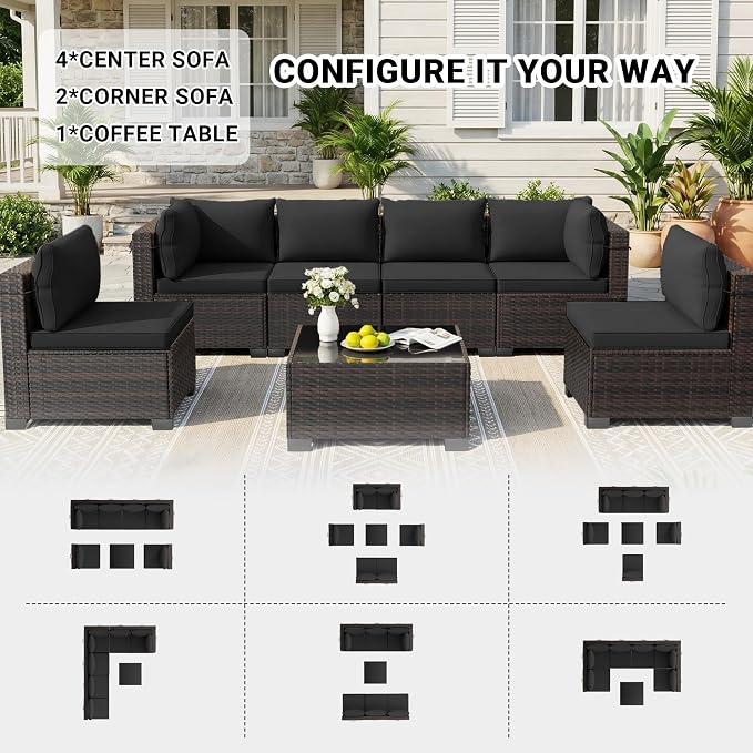 LAFWELL 7 Pieces Outdoor Patio Furniture Sets,Rattan Conversation Sectional Set,Manual Weaving Wicker Patio Sofa with Tea Table