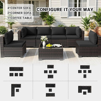 LAFWELL 7 Pieces Outdoor Patio Furniture Sets,Rattan Conversation Sectional Set,Manual Weaving Wicker Patio Sofa with Tea Table