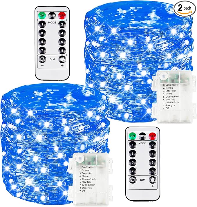 2 Pack 100 LED Fairy Lights Battery Operated with Remote Timer, 33 FT Blue | Cuttable, 8 Modes, Memory, Dimmable, IP44 Waterproof Battery String Lights for Indoor Outdoor, Wedding, Christmas Decorations