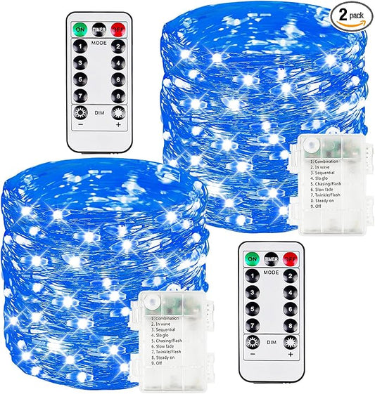 2 Pack 100 LED Fairy Lights Battery Operated with Remote Timer, 33 FT Blue | Cuttable, 8 Modes, Memory, Dimmable, IP44 Waterproof Battery String Lights for Indoor Outdoor, Wedding, Christmas Decorations