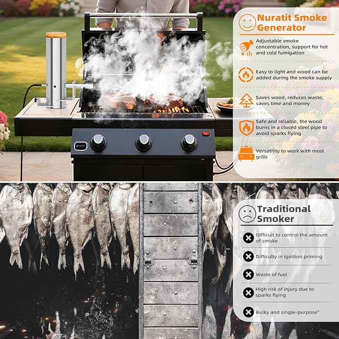 Smoke Generator, Hot and Cold Smoke Generator with Lid & Air Pump, Portable Electric Smoker Grill, Stainless Steel Pellet Smoker Tube, BBQ Premium Smoking Accessories for Smoking Meats and Vegetables