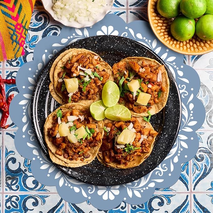 100 Pcs Blue Talavera Mexican Paper Placemats 13.5 Inch Cielito Lindo Party Decoration Disposable Scalloped Platos De Barro Mexicanos Paper Table Mat for Fiesta Wedding Baby Shower Party Decor