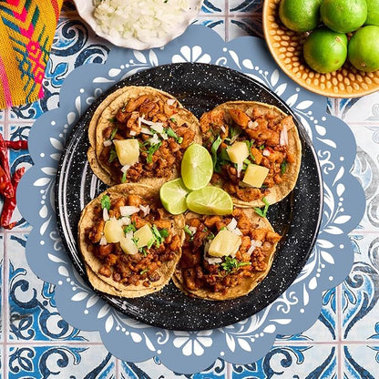 100 Pcs Blue Talavera Mexican Paper Placemats 13.5 Inch Cielito Lindo Party Decoration Disposable Scalloped Platos De Barro Mexicanos Paper Table Mat for Fiesta Wedding Baby Shower Party Decor