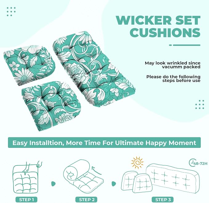DANGHOOGY Wicker Chair Cushions, Waterproof Outdoor Loveseat Cushions for Patio Furniture, Tufted Wicker Furniture Cushions, 1 Loveseat and 2 U-Shaped Cushions (Cyan Rose)