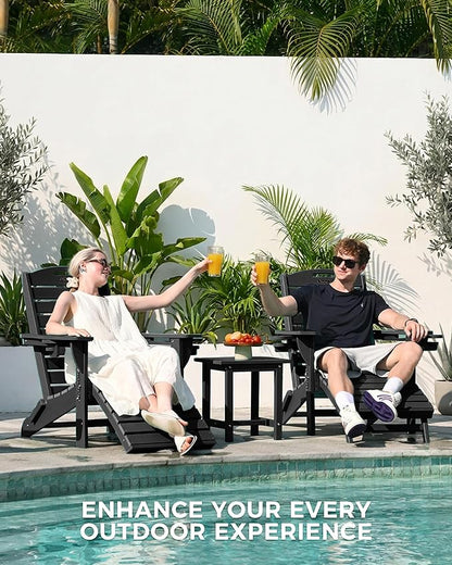 Adjustable Adirondack Chairs Set of 4 with Retractable Ottoman, HDPE Folding Adirondack Chair with Cup Holders, Weather Resistant for Backyard, Poolside & Fire Pit (Black)