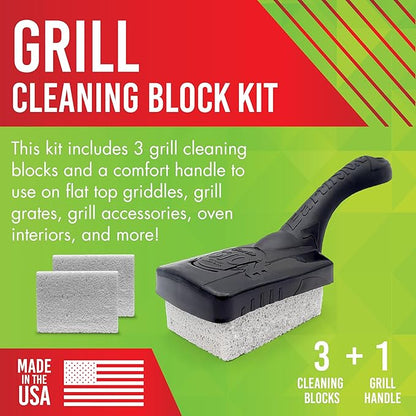 EarthStone Grill Cleaning Block Kit, Bristle Free Grill Scraper, 3 Grill Cleaning Blocks and 7" EZ-Grip Handle