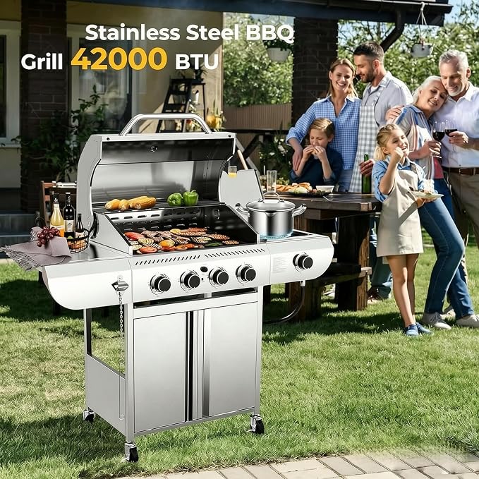 Electactic Stainless Steel 4-Burner Gas Grill with Side Burner – 42000BTU Propane BBQ Grill with Thermometer, Heavy-Duty Grill for Outdoor Patio and Backyard Cooking