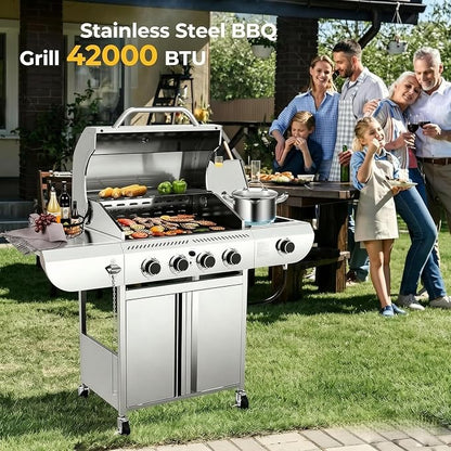Electactic Stainless Steel 4-Burner Gas Grill with Side Burner – 42000BTU Propane BBQ Grill with Thermometer, Heavy-Duty Grill for Outdoor Patio and Backyard Cooking