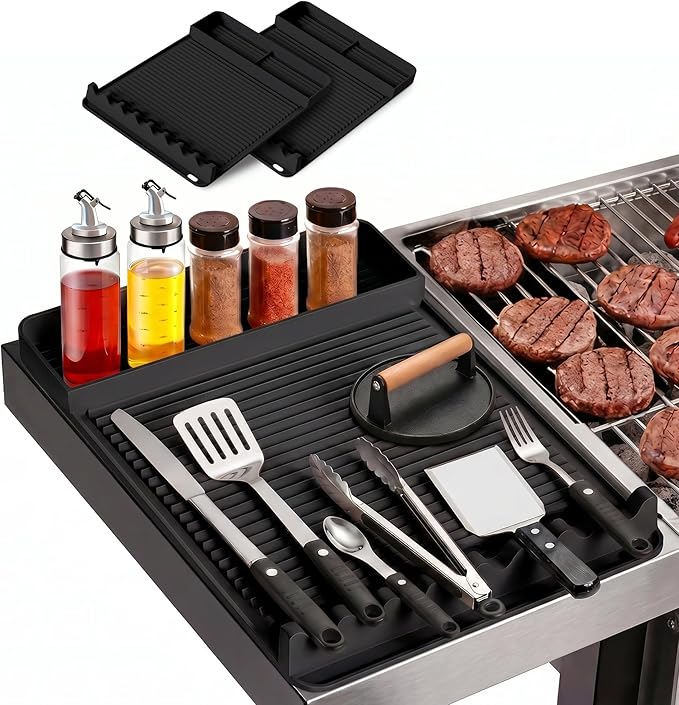 2Pack Silicone Grill Mat for Blackstone - 16x11.5 Inch Non-Slip Tool Mat with Sauce Drip Pad & Wavy Grip, Outdoor BBQ Accessories & Gifts for Men, Dad, Grilling (Black)