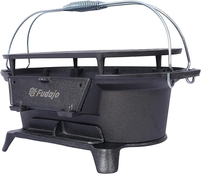 Oval Cast Iron Charcoal Grill, Portable Hibachi Grill with Skillet, 100% Cast Iron, Durable Outdoor Camping Stove, Black (Black-19.6×10.6)