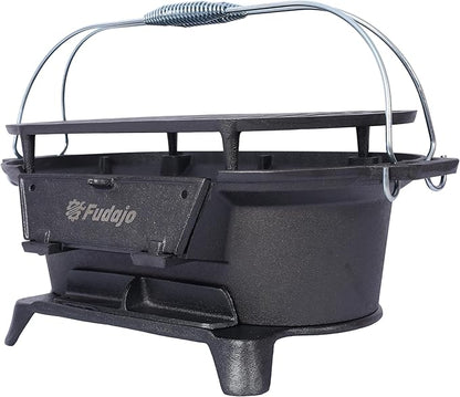 Oval Cast Iron Charcoal Grill, Portable Hibachi Grill with Skillet, 100% Cast Iron, Durable Outdoor Camping Stove, Black (Black-19.6×10.6)