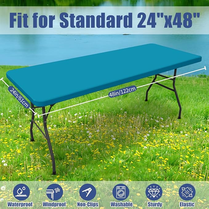 Moosfor 2 Pack Rectangle Spandex Fitted Table Cloth, 4FT Elastic Tablecloth | Washable Picnic Table Cover, Stretch Waterproof Table cloths for Party, Patio, Dining, Kitchen, 24" x 48", Teal