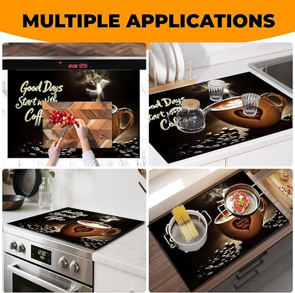 Heat-Resistant Glass Stove Top Cover with Anti-Slip Rubber Coating – Electric Stove Protector, Scratch-Resistant, Counter Space Decor Mat (coffee cup, 28.5"L x 20.5"W)