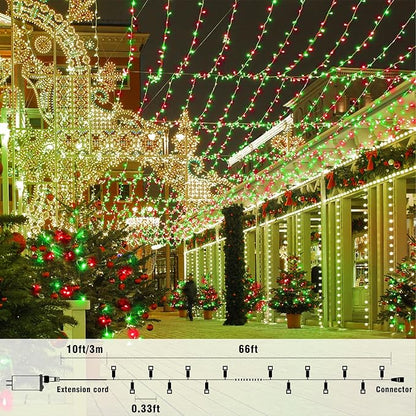 66FT 200 LED Outdoor String Lights, Plug in Christmas Lights Indoor Waterproof, 8 Modes Connectable Twinkle Fairy Lights Clear Wire for Outside Home Patio Tree Party Decorations, Red and Green