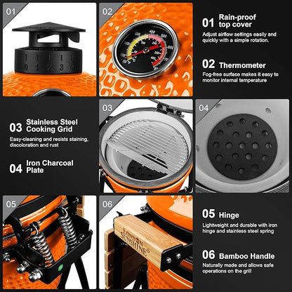 London Sunshine 15-inch Ceramic Kamado Charcoal BBQ Grill & Smoker with Locking Casters, Foldable Side Shelves, Stainless Steel Grates, and Tall Stand (Orange)