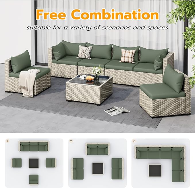 UDPATIO Outdoor Patio Furniture Set, 7 Pcs PE Wicker Sectional Sofa with Tea Table, Outdoor Conversation Set for Patio, Garden, Backyard (Green Cushions with Light Grey Rattan)