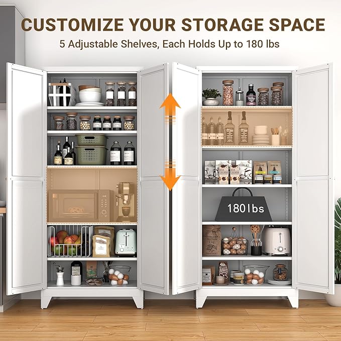 75" Tall Metal Kitchen Pantry Cabinet, Freestanding Steel Storage Cabinet with Doors, 5 Adjustable Shelves, for Dining Room, White