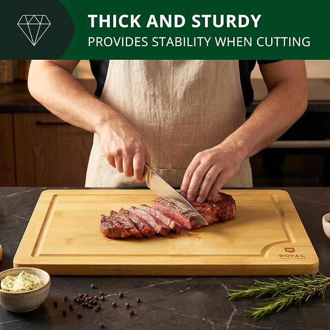 ROYAL CRAFT WOOD Bamboo Cutting Board with Juice Groove - Kitchen Chopping Board for Meat Cheese and Vegetables, Heavy Duty Serving Tray