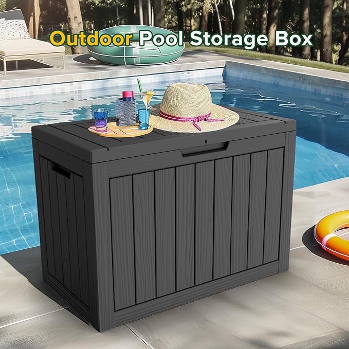 45 Gallon Outdoor Storage Box Waterproof, UV Resistant Deck Box, Lockable Resin Deck Box for Garden Tools Equipment and Cushions, Black