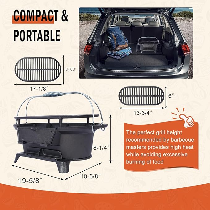 Portable Cast Iron Hibachi Grill - Pre-Seasoned Charcoal Grills, Double-Sided Grate & Adjustable Air Vents, BBQ for Camping, Backyard, Tailgating (Ellipse)