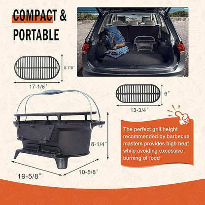 Portable Cast Iron Hibachi Grill - Pre-Seasoned Charcoal Grills, Double-Sided Grate & Adjustable Air Vents, BBQ for Camping, Backyard, Tailgating (Ellipse)