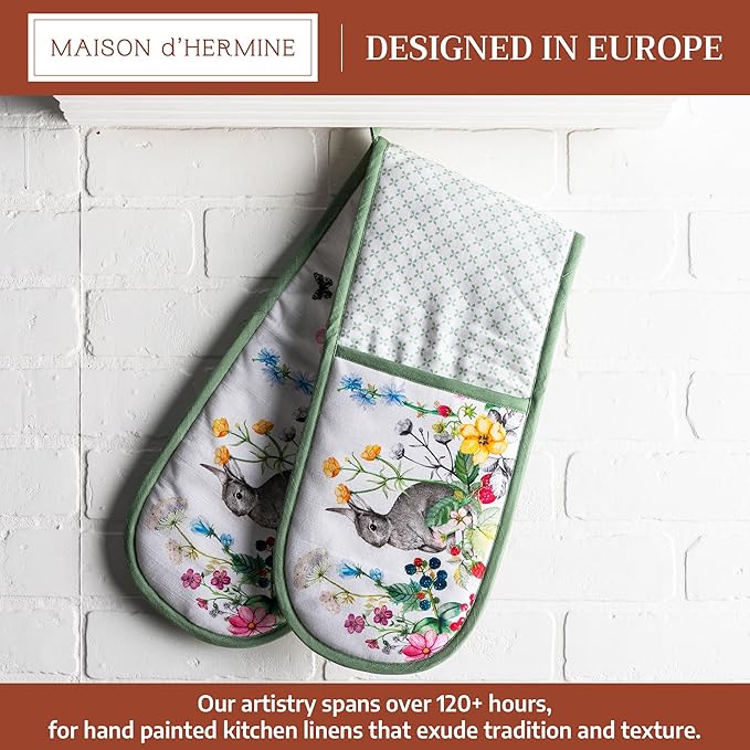 Maison d' Hermine Double Oven Mitts 100% Cotton 7"x35" Double Oven Mitt Heat Resistant BBQ Cooking Gloves with Loop Baking Grilling Kitchen Hotel Home Farmhouse Spring Summer (Printemps)