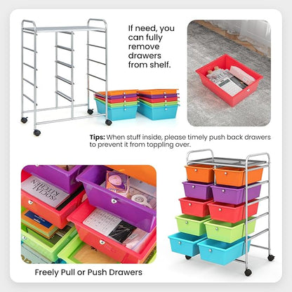 HOMGX Rolling Cart with 10 Drawers, 10 Tiers Multicolor Trolley, Drawer Bin Carts with 2 Lockable Wheels, Adjustable File & Debris Organizer Cart, Rolling Storage Cart for Office, School, Home