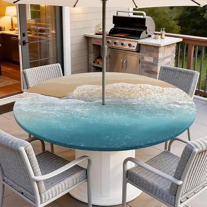 Outdoor Tablecloth with Umbrella Hole and Zipper Fits 53-60" Tables | Waterproof Round Fitted Tablecloth with Elastic Edge, Wipeable Outdoor Table Cover for Patio, Garden, Picnic