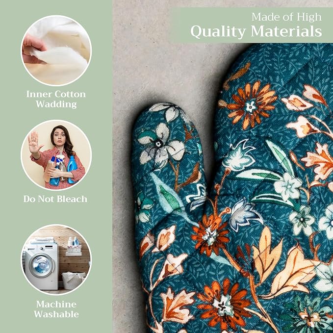Maison d'Hermine Oven Gloves 100% Cotton Oven Mitt (7" x 13", Pack of 1) | With Loop Heat Resistant BBQ Cooking Gloves Baking Kitchen Handling Hot Pans Thanksgiving Christmas - Luxury Loft - Dark Teal