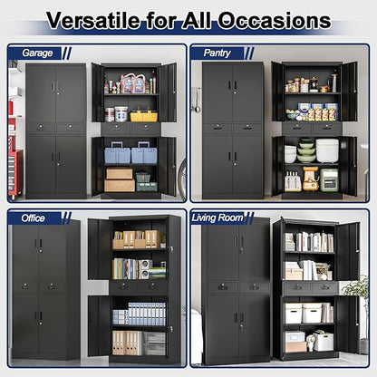 BESFUR Metal Garage Storage Cabinet with Two Drawers Locking Doors and 2 Adjustable Shelves, Black Tall Storage Cabinets, Tool File Lockable Cabinet for Garage Office Warehouse Shop(71”H)