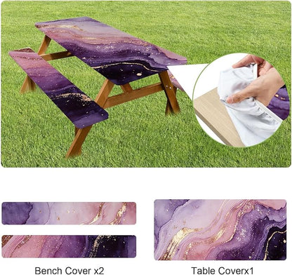 FOREVER QUEEN Picnic Table Cover with Bench Covers 72in,Waterproof Windproof Fitted Tablecloth, Purple Pink Marble with Gold Veins Camping Essentials with Drawstring Bag for Patio,Park & Backyard