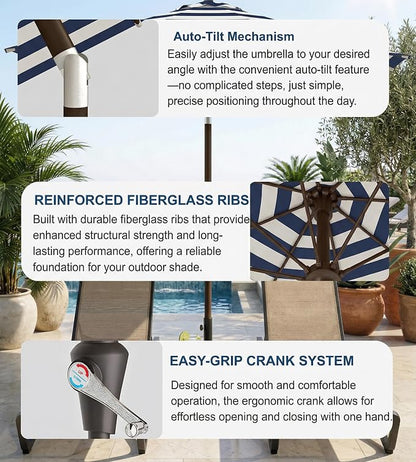 PatioKingdom Auto-Tilt 9FT Patio Umbrella Outdoor with 8 Sturdy Fiberglass Ribs,Market Table Umbrella for Pool,Backyard,Deck and Garden