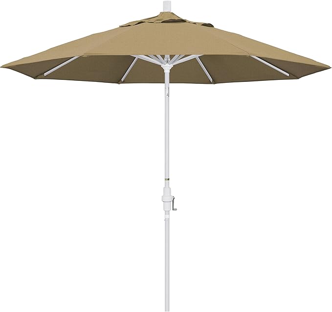 California Umbrella 9' Round Aluminum Market Umbrella, Crank Lift, Collar Tilt, White Pole, Straw Olefin