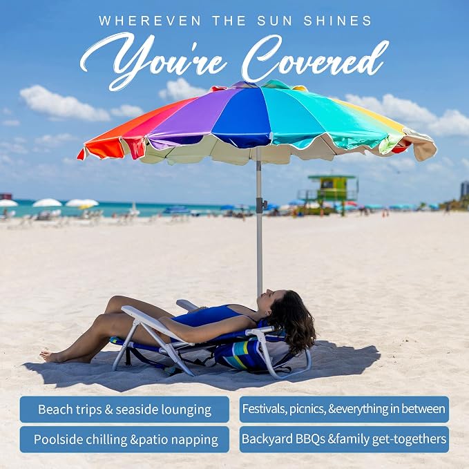 AMMSUN 7.5ft Large Heavy Duty HIGH Wind Beach Umbrella with sand anchor & Tilt Sun Shelter, UPF 50+ Protection Outdoor Umbrellas Sunshade with Carry Bag for Patio Garden Pool Backyard Rainbow